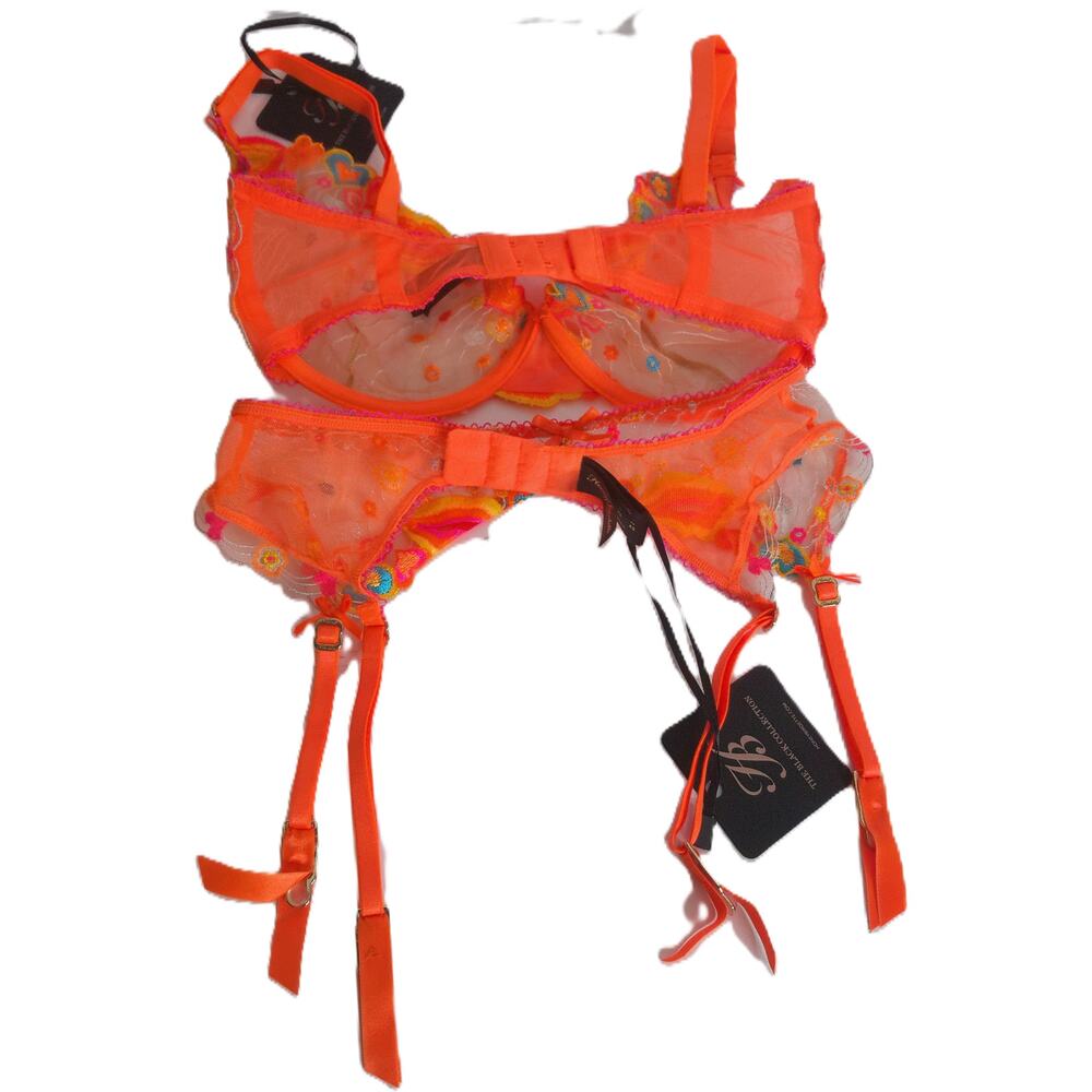 Honey Birdette Dixie Orange Bra 30G And Garter XS Embroidered Sheer Set - Picture 8 of 8